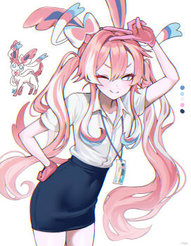 1girl absurdres animal_ears aqua_eyes aqua_streaks arm_above_head artist_name black_skirt blue_streaks blush bright_pupils closed_mouth collared_shirt commentary_request covered_navel cowboy_shot dot_nose gen_6_pokemon gloves hair_between_eyes hand_on_own_hip haze_(7h4ze) highres id_card lanyard looking_at_viewer making-of_available multicolored_hair nintendo office_lady one_eye_closed original pencil_skirt personification pink_gloves pink_hair pokemon pokemon_(creature) reference_inset shirt short_sleeves simple_background skirt smile standing sylveon twintails v white_background white_pupils white_shirt white_streaks