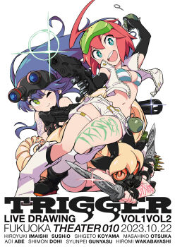 2023 3girls ahoge aiming anime_coloring ankle_boots ankle_socks aqua_bikini aqua_eyes bare_arms bare_shoulders belt belted_shorts bikini bikini_top_only black_bikini black_boots black_bow black_gloves black_socks blue-tinted_eyewear blue_hair bone_print boots bow breasts bright_pupils buttons character_name closed_mouth collared_vest company_name cropped_vest crossed_arms dated dot_nose double-parted_bangs drill_hair dual_wielding elbow_gloves english_text explosive eyewear_on_head finger_on_trigger fingerless_gloves frag_(trigger) gas_mask glint gloves green-tinted_eyewear grenade gun hair_bow half_updo handgun high_collar highres holding holding_knife horizontal-striped_bikini huge_ahoge knife leg_belt leg_up lens_flare light_blush long_hair looking_at_viewer luluco mascot mask medium_breasts midriff multicolored_bikini multiple_girls muzzle_(trigger) narrow_waist navel night_vision_device official_art open_clothes open_vest orange-tinted_eyewear paint_on_body pocket popped_collar red_hair rifle rimless_eyewear running safety_glasses second-party_source short_hair short_shorts shorts sig_p220/p226 simonori simple_background skinny smile socks sparkle spring_(trigger) striped_bikini striped_clothes swimsuit thigh_strap thighhighs tinted_eyewear trigger-chan trigger_(company) twin_drills two-tone_bikini uchuu_patrol_luluco unzipped very_long_hair vest weapon weapon_request white_background white_belt white_bikini white_boots white_pupils white_shorts white_thighhighs white_vest