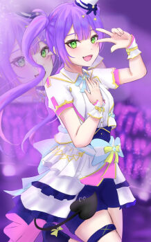 Rule 34 | 1girl, blue shorts, blush, breasts, commentary request, cowboy shot, demon girl, demon tail, double-parted bangs, fang, green eyes, hair ornament, hand on own chest, hands up, hat, highres, hololive, hololive idol uniform (bright), idol clothes, jacket, kama boko17, long hair, looking at viewer, open mouth, purple background, purple hair, short sleeves, shorts, shorts under skirt, skin fang, skirt, small breasts, smile, star (symbol), star hair ornament, tail, tokoyami towa, twintails, virtual youtuber, w, white hat, white jacket, white skirt