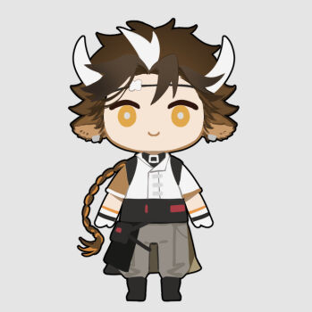 Rule 34 | 1boy, 676643396dolce, animal ear piercing, animal ears, arknights, arms at sides, black shoes, braid, bright pupils, brown hair, c:, chibi, chinese commentary, commentary request, cow boy, cow ears, cow horns, gloves, grey background, grey pants, horns, long hair, looking at viewer, male focus, multicolored hair, pants, pouch, shirt, shoes, simple background, smile, solo, streaked hair, very long hair, wan qing (arknights), white gloves, white hair, white pupils, white shirt, yellow eyes