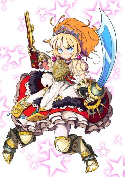 Rule 34 | 1girl, :o, absurdres, armor, armored dress, blonde hair, blue eyes, boots, breastplate, commentary request, dress, dual wielding, earrings, etrian odyssey, frilled dress, frills, gauntlets, greaves, gun, high heel boots, high heels, highres, holding, holding gun, holding sword, holding weapon, jewelry, long hair, misomaru, pantyhose, pirate (sekaiju), princess, puffy short sleeves, puffy sleeves, rifle, scimitar, sekaiju no meikyuu, sekaiju no meikyuu 3, short sleeves, solo, sovereign (sekaiju), sovereign 2 (sekaiju), subclass (sekaiju), sword, tiara, weapon, white pantyhose