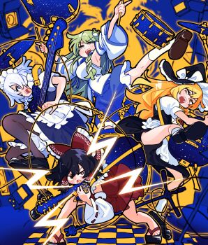 4girls apron band_(music) bare_shoulders bass_guitar black_dress black_hair black_hat black_pantyhose black_shoes blonde_hair blue_background blue_dress blue_skirt blush bow braid braided_sidelock cable cartoonized commentary detached_sleeves dress drum drum_set drumsticks electric_guitar feet frilled_apron frilled_bow frilled_dress frilled_hair_tubes frilled_hairband frills gram_9 guitar hair_bow hair_tubes hairband hakurei_reimu hat highres holding holding_drumsticks holding_guitar holding_instrument instrument izayoi_sakuya japanese_clothes kirisame_marisa kochiya_sanae lightning_bolt_symbol long_hair looking_at_another maid maid_apron maid_headdress microphone microphone_stand miko multiple_girls open_mouth pantyhose red_bow red_shirt red_skirt ribbon-trimmed_sleeves ribbon_trim rock_(music) sandals shirt shoe_soles shoes short_hair skirt sleeveless sleeveless_shirt socks teeth toon_(style) touhou upper_teeth_only white_apron white_hair white_hairband white_socks witch_hat