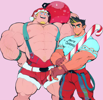 2boys abs arm_hair ball bara belt black_hair blonde_hair blue_eyes blue_shirt broad_shoulders brown_eyes candy candy_cane chest_hair christmas christmas_ornaments christmas_tree_print commentary cowboy_shot english_commentary facial_hair fingerless_gloves food fur-trimmed_belt fur-trimmed_shorts fur_trim gloves goatee green_shirt hat highres holding holding_ball holding_candy holding_candy_cane holding_food large_pectorals male_focus merry_christmas multicolored_hair multiple_boys muscular muscular_arms muscular_male navel nipples no_pupils open_mouth original pants pectorals pink_background pointy_ears pubic_hair pubic_hair_peek red_pants red_shorts santa_hat shirt shorts simple_background size_difference smile suspenders thick_eyebrows thick_thighs thighs two-tone_hair uleez v-taper wristband yellow_pupils