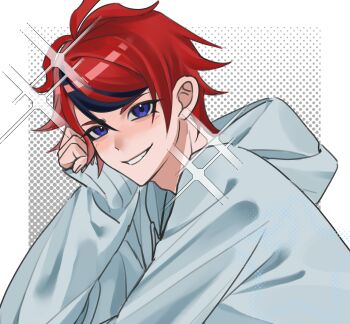 1374845497 1boy absurdres ahoge black_hair blue_eyes chinese_commentary commentary_request grin hair_between_eyes head_rest highres hood hood_down hoodie looking_at_viewer male_focus multicolored_hair red_hair short_hair sleeves_past_wrists smile solo sparkle streaked_hair sumino_takumi the_hundred_line_-last_defense_academy- two-tone_hair upper_body white_background white_hoodie