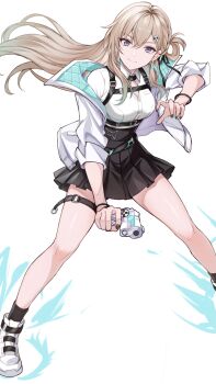 Rule 34 | 1girl, black nails, black ribbon, black skirt, blonde hair, breasts, closed mouth, collared shirt, commentary, earrings, fingernails, fishnet thigh strap, gun, hair between eyes, hair ornament, hair ribbon, harness, highres, holding, holding gun, holding weapon, jacket, jewelry, long hair, looking at viewer, lynae (wuthering waves), medium breasts, nail polish, purple eyes, ribbon, saint laurent paris, shirt, shirt tucked in, shoes, simple background, skirt, skull hair ornament, smile, solo, star (symbol), star earrings, weapon, white background, white jacket, white shirt, white shoes, wuthering waves