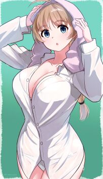 1girl :o absurdres blue_eyes braid breasts brown_hair commentary_request dress_shirt highres hiroshi_(hunter-of-kct) large_breasts looking_at_viewer lynette_bishop panties see-through_clothes shirt simple_background single_braid solo standing strike_witches towel towel_on_head underwear white_panties white_shirt world_witches_series