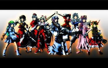 Rule 34 | 6+girls, baseball bat, book, female focus, flamethrower, fujiwara no mokou, gun, hakurei reimu, helmet, highres, holding flamethrower, holding weapon, ibuki suika, izayoi sakuya, kawashiro nitori, multiple girls, niandni, parody, patchouli knowledge, rifle, saigyouji yuyuko, shameimaru aya, sniper rifle, team fortress 2, touhou, two side up, weapon, yagokoro eirin