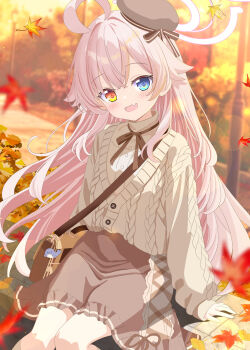 1girl :d ahoge aruka_(alka_p1) autumn autumn_leaves bag blue_archive blue_eyes blurry blurry_foreground blush brown_eyes brown_ribbon brown_skirt cardigan commentary day fang feet_out_of_frame halo heterochromia highres hoshino_(blue_archive) leaf long_hair long_sleeves looking_at_viewer neck_ribbon open_mouth outdoors pink_hair pink_halo ribbon shoulder_bag skin_fang skirt smile solo yellow_cardigan yellow_eyes