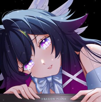 Rule 34 | 1girl, bare shoulders, black background, black hair, bright pupils, columbina (genshin impact), commentary, crying, crying with eyes open, dragon plush (139305), english commentary, genshin impact, highres, long hair, looking at viewer, parted lips, purple eyes, tears, white pupils