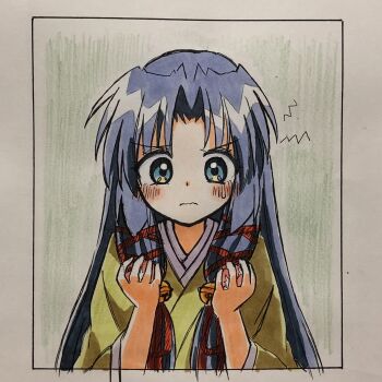 1girl air_(visual_novel) bell blue_eyes blush border closed_mouth commentary_request downturned_eyes eyes_visible_through_hair green_background hair_bell hair_ornament hair_ribbon hands_up highres japanese_clothes jingle_bell kannabi_no_mikoto kimono long_sleeves looking_down red_ribbon ribbon sidelocks simple_background sketch solo squiggle sweatdrop tareme traditional_media tress_ribbon upper_body v-shaped_eyebrows wavy_mouth white_border wide_sleeves yellow_kimono zeppachi