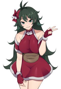 1girl antenna_hair bare_shoulders bow breasts commentary commission cowboy_shot dress english_commentary fingerless_gloves fur-trimmed_gloves fur_trim gloves green_eyes green_hair hair_bow hand_up highres large_breasts long_hair looking_at_viewer oninuer original parted_lips red_bow red_dress red_gloves short_dress short_sleeves simple_background smile solo w white_background