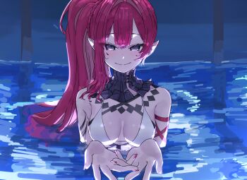 1girl baobhan_sith_(fate) baobhan_sith_(swimsuit_pretender)_(third_ascension)_(fate) bare_shoulders bikini blush breasts chainsaw_man cleavage commentary_request detached_collar fate/grand_order fate_(series) grey_eyes highres long_hair looking_at_viewer niwaikanai partially_submerged pink_hair pointy_ears pool scene_reference side_ponytail smile solo swimsuit water white_bikini