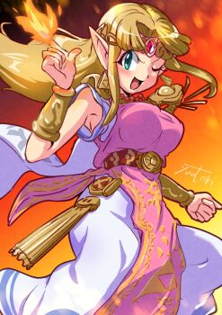 1girl belt blue_eyes brown_hair clenched_hand covered_erect_nipples dress earrings embers feet_out_of_frame fire highres index_finger_raised jewelry long_hair looking_at_viewer nintendo one_eye_closed open_mouth pink_dress pointy_ears princess_zelda pyrokinesis signature solo the_legend_of_zelda the_legend_of_zelda:_a_link_between_worlds triangle_earrings white_dress you_bird