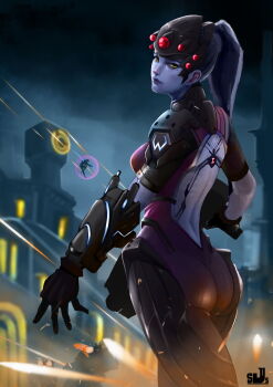 1boy 2girls absurdres armor ass back back_tattoo bodysuit building clock clock_tower colored_skin cowboy_shot earrings firing from_behind gauntlets gloves gun hammer handgun head-mounted_display helmet highres holding holding_gun holding_weapon jewelry lips long_hair looking_at_viewer looking_back mole mole_under_eye multiple_girls night overwatch overwatch_1 pauldrons ponytail purple_hair purple_lips purple_skin reinhardt_(overwatch) rumi_(archieve1) short_sleeves shoulder_armor skin_tight spider_tattoo stud_earrings tatto tattoo tower tracer_(overwatch) vambraces visor war_hammer warhammer weapon widowmaker_(overwatch) yellow_eyes