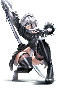1girl 2b_(nier:automata) absurdres black_dress blindfold boots breasts cleavage_cutout closed_mouth clothing_cutout commentary_request covered_navel dress feather_trim full_body gloves hair_ornament hairband highleg highleg_leotard highres holding juaag_acgy leotard leotard_under_clothes lips long_sleeves medium_breasts nier:automata nier_(series) puffy_sleeves shadow shiny_clothes shiny_skin short_dress short_hair simple_background solo sword thigh_boots thighhighs thighs virtuous_contract weapon white_background white_hair