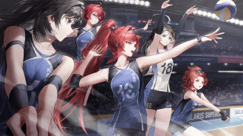 5girls absurdres ahoge arm_strap ball bangs_pinned_back bare_shoulders black_eyes black_gloves black_hair black_hairband blue_eyes breasts chixia_(wuthering_waves) collarbone commentary_request cotta_(heleif) danjin_(wuthering_waves) fingerless_gloves gloves guest_art hairband high_ponytail highres huge_ahoge indoors jianxin_(wuthering_waves) korean_commentary logo long_hair medium_breasts mole mole_under_eye multicolored_hair multiple_girls official_art open_mouth orange_eyes ponytail red_hair sportswear two-tone_hair volleyball volleyball_(object) volleyball_uniform white_hair wuthering_waves yangyang_(wuthering_waves) yinlin_(wuthering_waves)