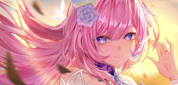 1girl absurdres bare_shoulders commentary_request cyrene_(honkai:_star_rail) cyrene_(ripples_of_past_reverie)_(honkai:_star_rail) diamond-shaped_pupils diamond_(shape) earrings flower hair_flower hair_ornament highres honkai:_star_rail honkai_(series) jewelry kanimisokani_06 long_hair looking_at_viewer pink_hair pointy_ears portrait purple_eyes smile solo sunset symbol-shaped_pupils very_long_hair