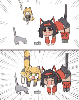 ! 2girls :o anger_vein animal animal_ear_fluff animal_ears black_bow black_gloves black_shoes black_shorts blonde_hair boots bow canned_fish cat cat_ears cat_tail chirun0 colored_inner_hair commentary confrontation cropped_jacket dark-skinned_female dark_skin detached_sleeves elbow_gloves emphasis_lines english_commentary fang feral_instincts fingerless_gloves fur_trim furrowed_brow gloves green_eyes grey_cat grey_hair grey_shirt high_heels highres hissing jacket ju_fufu multicolored_hair multiple_girls multiple_tails nekomiya_mana o_o open_mouth red_boots red_eyes red_shirt red_sleeves shirt shoes short-sleeved_jacket short_sleeves shorts simple_background skin_fang stiff_tail sweatdrop tail tail_bow tail_ornament tiger_ears tiger_girl tiger_stripes tiger_tail top-down_bottom-up two_tails white_background yellow_jacket zenless_zone_zero