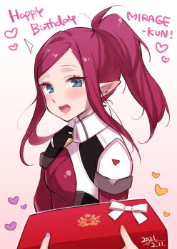 1girl black_gloves blush breasts from_side gift gloves hair_behind_ear hand_on_own_chest happy_birthday heart highres holding holding_gift macross macross_delta mirage_farina_jenius nail_polish pilot_suit pointy_ears ponytail pov purple_nails sasanoneko small_breasts smile solo_focus yellow_nails