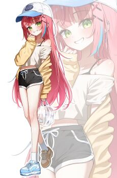 1girl bag baseball_cap black_bra black_shorts blue_hair blue_hat blue_shoes bra cardigan cardigan_partially_removed collarbone ear_ornament earrings ekta front-tie_shorts full_body green_eyes grocery_bag hair_ornament hanako_nana hashtag-only_commentary hat highres holding holding_bag jewelry long_hair midriff mismatched_shoes multicolored_hair multicolored_hat navel off-shoulder_shirt off_shoulder pink_hair shirt shoes shopping_bag short_shorts shorts sleeves_past_wrists sneakers socks solo stellive streaked_hair underwear very_long_hair virtual_youtuber white_hat white_shirt white_socks x_hair_ornament yellow_cardigan yellow_shoes zoom_layer