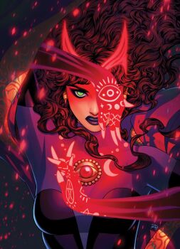 1girl avengers_(series) brown_hair commentary covering_one_eye curly_hair earrings english_commentary eyeshadow gloves glowing_headgear green_eyes grey_background highres jewelry long_hair looking_at_viewer makeup marvel official_alternate_costume official_art pentagram purple_bodystocking purple_lips red_eyeshadow red_tiara russell_dauterman scarlet_witch skull_earrings solo upper_body wanda_maximoff western_comics_(style)