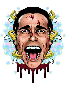 absurdres american_psycho angel angel_wings black_hair blood blood_on_face bubble buck_teeth crossover derivative_work dreamscreep eyelashes hair_slicked_back highres looking_at_viewer male_focus mini_person miniboy open_mouth patrick_bateman realistic simple_background smile solo_focus spongebob_squarepants spongebob_squarepants_(series) teeth thick_eyebrows toon_(style) wings