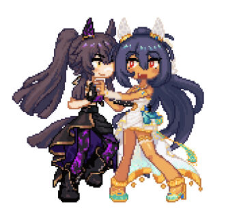 2girls animal_ears armlet asymmetrical_skirt bandaid bandaid_on_face bandaid_on_nose bare_shoulders belt black_belt black_boots black_gloves black_hair black_pantyhose black_skirt blue_nails blunt_ends blush_stickers boots bridal_veil brown_hair closed_mouth commentary_request crop_top dark-skinned_female dark_skin deformed dress ear_covers fang fingerless_gloves gloves gold_armlet gold_necklace gold_thighlet hair_between_eyes happy high_heels highres hishi_amazon_(hungry_veil)_(umamusume) hishi_amazon_(umamusume) holding_hands horse_ears horse_girl horse_tail hwipa_(param_blue) interracial jewelry knees korean_commentary lace-up_boots long_hair long_hair_between_eyes long_sidelocks long_skirt looking_at_another midriff multiple_girls nail_polish narita_brian_(hungry_wolves)_(umamusume) narita_brian_(umamusume) necklace official_alternate_costume open_mouth pantyhose pixel_art ponytail purple_pantyhose purple_shirt purple_skirt red_eyes shirt shoes short_dress sidelocks simple_background single_ear_cover skirt smile standing strapless strapless_dress tail thighlet train_(clothing) tsurime two-sided_fabric two-sided_skirt two-tone_pantyhose umamusume veil very_long_hair white_arm_warmers white_background white_dress white_veil yellow_eyes yellow_shoes yuri
