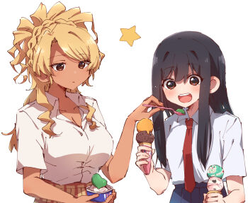 Rule 34 | 2girls, absurdres, black hair, blonde hair, blue skirt, breasts, brown eyes, brown skirt, cleavage, collared shirt, commentary request, feeding, food court de mata ashita, gyaru, highres, holding ice, large breasts, long hair, multiple girls, necktie, nyaa (nnekoron), red necktie, school uniform, shirt, shirt tucked in, simple background, skirt, star (symbol), tan, wada (food court), white background, white shirt, yamamoto (food court)