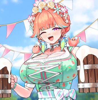 1girl ;d aqua_streaks barmaid beer_mug blue_sky breasts cloud cloudy_sky commentary cup day english_commentary flower flower_hairband foam german_clothes gurumie highres holding holding_cup hololive hololive_english huge_breasts mug one_eye_closed open_mouth orange_hair outdoors purple_eyes rose sky smile solo takanashi_kiara teeth underbust virtual_youtuber white_flower white_rose