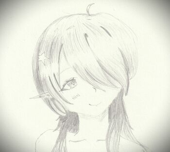 Rule 34 | 1girl, blush, commentary, highres, long hair, non-web source, original, pointy ears, smile, star (symbol), traditional media, vignetting, wolf cut