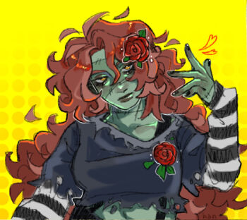 Rule 34 | 1girl, aegyo sal, animification, blue shirt, breasts, colored skin, commentary, english commentary, eyelashes, flower, green skin, hair flower, hair ornament, hannnsh, highres, long hair, looking at viewer, medium breasts, messy hair, midriff peek, minecraft youtube, orange hair, polka dot, polka dot background, red flower, red rose, rose, shirt, simple background, solo, stitched face, stitches, striped sleeves, torn clothes, torn shirt, traffic life series, upper body, very long hair, yellow background, yellow eyes, zombie, zombiecleo