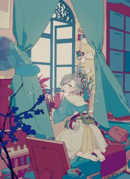 1girl absurdres anklet aqua_shirt asymmetrical_bangs barefoot bed belt black_belt black_gloves bottle brown_bag closed_mouth commentary_request curtains earclip earrings envelope fanny_pack fingerless_gloves full_body gift gloves grey_eyes grey_hair high-waist_skirt highres indoors jewelry kabane_(rjev8385) lamp light_smile long_skirt long_sleeves looking_at_viewer o-ring o-ring_belt on_bed open_window original paper picture_frame plant potted_plant shirt short_hair skirt soles solo spray_bottle swept_bangs test_tube white_skirt window