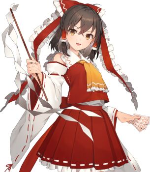 1girl artist_request ascot bow brown_eyes brown_hair detached_sleeves frilled_bow frilled_hair_tubes frills game_cg gohei hair_bow hair_tubes hakurei_reimu holding holding_gohei labyrinth_of_touhou_(series) labyrinth_of_touhou_tri long_hair official_art red_bow red_skirt ribbon-trimmed_skirt ribbon-trimmed_sleeves ribbon_trim skirt skirt_set solo third-party_source touhou transparent_background yellow_ascot