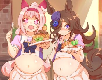 2girls animal_ears belly brown_hair fat fat_woman food hair_over_one_eye hairband haru_urara_(umamusume) highres horse_ears horse_girl horse_tail multiple_girls navel ooba_jun pink_eyes pink_hair plump purple_eyes rice_shower_(umamusume) school_uniform tail tracen_school_uniform umamusume