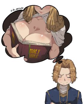 1boy 1girl artist_name bible_(object) blonde_hair blush boobs_in_book_(meme) book book_on_breasts breast_focus breasts brown_hair cleavage closed_eyes closed_mouth collarbone commentary_request covering_breasts covering_privates holding holding_book imagining jk_arts large_breasts lips long_hair meme methode_(sousou_no_frieren) open_book sein_(sousou_no_frieren) shiny_skin signature simple_background smile sousou_no_frieren spanish_commentary speech_bubble thought_bubble