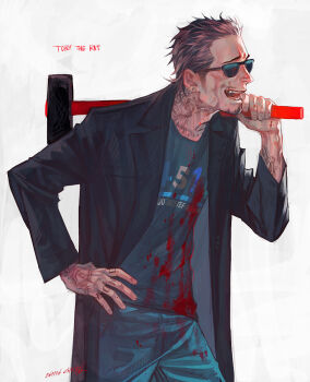 1boy arm_tattoo black_coat blood blood_on_clothes blood_on_face blue_pants brown_hair coat ctkcave eyewear_on_head facial_hair finger_tattoo goatee green_shirt hair_slicked_back hammer hand_tattoo holding holding_hammer looking_to_the_side male_focus mature_male neck_tattoo open_mouth original over_shoulder pants shirt short_hair simple_background smile solo spiked_hair sunglasses tattoo weapon weapon_over_shoulder white_background