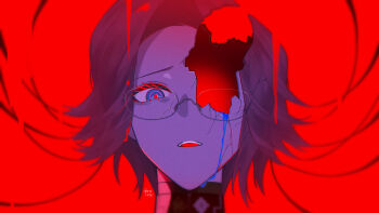 1boy aotsuki_eito aquam0n1ca artist_name blending blood bloody_tears blue_blood blue_eyes body_horror broken_eyewear broken_skin colored_eyelashes commentary eyeliner glasses grey_hair highres last_defense_academy_school_uniform looking_at_viewer makeup male_focus marshmallow_(vocaloid) open_mouth parted_lips portrait red_background red_eyeliner red_pupils school_uniform short_hair solo teeth the_hundred_line_-last_defense_academy- upper_teeth_only variant_set