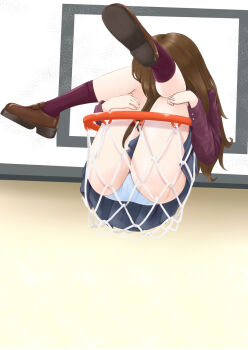 1girl basketball_hoop blue_skirt brown_footwear brown_hair full_body highres legs_up loafers long_hair long_sleeves microsd_(pibo) original panties pleated_skirt red_socks school_uniform shoe_soles shoes skirt socks stuck_in_object thighs underwear white_panties