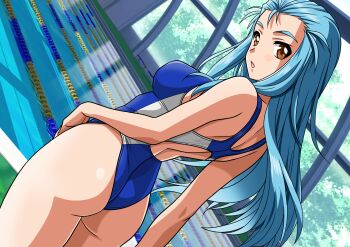 1girl ass blue_hair breasts brown_eyes competition_swimsuit dutch_angle forehead highleg highleg_one-piece_swimsuit highres indoors lane_line large_breasts looking_at_viewer looking_back minazuki_kotoko one-piece_swimsuit pool racerback solo standing swimsuit tokimeki_memorial tokimeki_memorial_2 two-tone_swimsuit yuuyuu_(3jjbn)