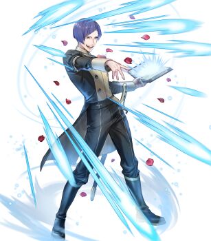 Rule 34 | 1boy, attack, book, brooch, diagonal bangs, fire emblem, fire emblem: three houses, fire emblem heroes, flower, flower brooch, garreg mach monastery uniform, glowing book, highres, holding, holding book, jewelry, lorenz hellman gloucester, male focus, nintendo, non-web source, open book, open mouth, petals, purple eyes, purple hair, red flower, red rose, rose, rose petals, smile, solo