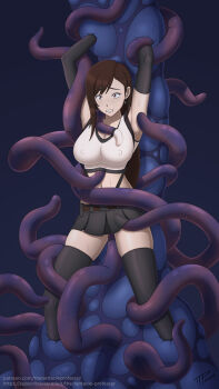 1girl armpits clothed_sex clothes_lift covered_erect_nipples final_fantasy final_fantasy_vii final_fantasy_vii_rebirth final_fantasy_vii_remake gloves highres long_hair restrained skirt skirt_lift square_enix stomach sweat tears tentacle_monster tentacles tentacles_under_clothes the_tentacle_professor thighhighs tifa_lockhart
