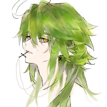 Rule 34 | 1boy, ahoge, alternate hairstyle, aotu world, chinese commentary, cross, cross earrings, cross necklace, earrings, eyes visible through hair, green hair, hair between eyes, hair down, halo, highres, jewelry, llalalang, long hair, looking at viewer, male focus, messy hair, mouth hold, multicolored eyes, necklace, necklace in mouth, parted lips, piercing, pointy ears, portrait, red eyes, sidelocks, sideways glance, simple background, sketch, slit pupils, solo, white background, xander (aotu world), yellow eyes