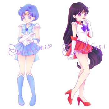 2girls bishoujo_senshi_sailor_moon blue_eyes blue_hair blue_skirt bow bowtie circlet commentary_request dated eundi_ed full_body gloves high_heels hino_rei korean_commentary long_hair mizuno_ami multiple_girls purple_eyes red_shoes red_skirt sailor sailor_mars sailor_mercury sailor_senshi_uniform shoes short_hair skirt smile white_skirt