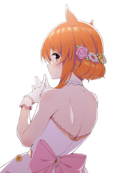 Rule 34 | 1girl, animal ears, bare shoulders, blush, choker, commentary request, dress, flower, from behind, gloves, hair between eyes, hair flower, hair ornament, highres, horse ears, horse girl, long hair, mayano top gun (sunlight bouquet) (umamusume), mayano top gun (umamusume), motsutoko, official alternate costume, orange eyes, orange hair, simple background, solo, steepled fingers, strapless, strapless dress, umamusume, white background, white choker, white dress, white gloves