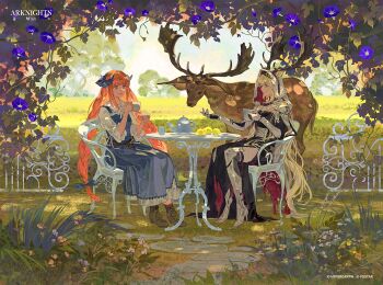 2girls animal_ears antlers arknights armor bagpipe_(arknights) bagpipe_(echo_of_bagpipes)_(arknights) black_dress blonde_hair blue_eyes blue_skirt braid breasts cape chair chinese_commentary commentary_request copyright_logo copyright_notice corset cup deer_antlers deer_ears deer_girl dragon_horns dress drinking_glass ears_through_hood fence forward-facing_horns from_side full_body garden gauntlets greaves highres holding holding_cup holding_saucer hood hood_up hooded_cape horns horns_through_hood iron_fence lace lace_pantyhose large_breasts logo long_hair luckyia moose multiple_girls neck_ribbon official_alternate_costume official_alternate_hairstyle official_art on_chair orange_hair overall_skirt pantyhose poleyn profile purple_eyes purple_horns ribbon round_table sabaton saucer sidelocks skirt table tassets tea_party teacup teapot torn_clothes torn_dress twin_braids two-sided_cape two-sided_fabric two-tone_cape underbust very_long_hair viviana_(arknights) white_dress white_pantyhose