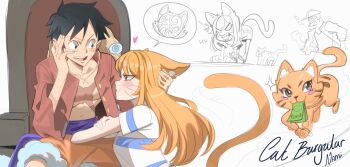 1girl 2boys animal animal_ears animalization banknote black_hair blush brown_eyes cat cat_ears cat_girl cat_tail character_name collarbone commentary cross_scar devil_fruit_power english_commentary from_side fur-trimmed_shorts fur_trim hand_on_another's_head hat heart highres holding holding_money kemonomimi_mode long_hair looking_at_another luke_hanley money monkey_d._luffy multiple_boys nami_(one_piece) one_piece open_clothes open_mouth open_shirt orange_cat orange_hair orange_shorts profile purple_sash red_shirt sash scar scar_on_chest shirt short_hair short_sleeves shorts sitting sparkle spoken_squiggle squiggle straw_hat tail unworn_headwear upper_body whiskers white_shirt