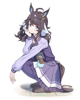 Rule 34 | 1girl, ahoge, animal ears, black hair, blue eyes, blush, breasts, closed mouth, commentary, daring tact (umamusume), full body, hair between eyes, hair ornament, head rest, highres, horse ears, horse girl, horse tail, kashmir 0808, long hair, long sleeves, looking at viewer, purple sailor collar, purple serafuku, purple shirt, purple skirt, purple thighhighs, sailor collar, sailor shirt, school uniform, serafuku, shirt, shoes, skirt, smile, solo, squatting, star (symbol), star hair ornament, tail, thighhighs, tracen school uniform, umamusume