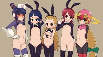 5girls black_eyes black_hair blonde_hair blue_hair blush braid breasts brown_hair capcom cleft_of_venus female_focus gloves green_eyes hat helmet jasmine_(mega_man) loli long_hair looking_at_viewer mayl_sakurai_(mega_man) meddy.exe_(mega_man) mega_man_(series) mega_man_battle_network multiple_girls nipples nude nurse_cap ponytail pussy rabbit_ears red_hair roll.exe_(mega_man) simple_background small_breasts smile stupa13a twin_braids upper_body visor yai_ayanokoji_(mega_man)