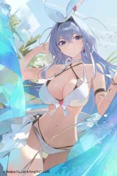 1girl arms_up azur_lane bad_source bikini blue_eyes blue_hair bow breasts collarbone hair_bow hair_ornament highres large_breasts long_hair navel new_jersey_(azur_lane) official_art solo stomach swimsuit thighs white_bikini