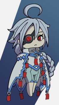 1girl ahoge bare_legs blazblue blue_background blue_bodysuit bodysuit braid braided_ponytail chibi cloak collar commentary english_commentary eyepatch highres huge_ahoge jarmesan long_hair looking_at_viewer nu-13 red_eyes single_braid solo white_cloak